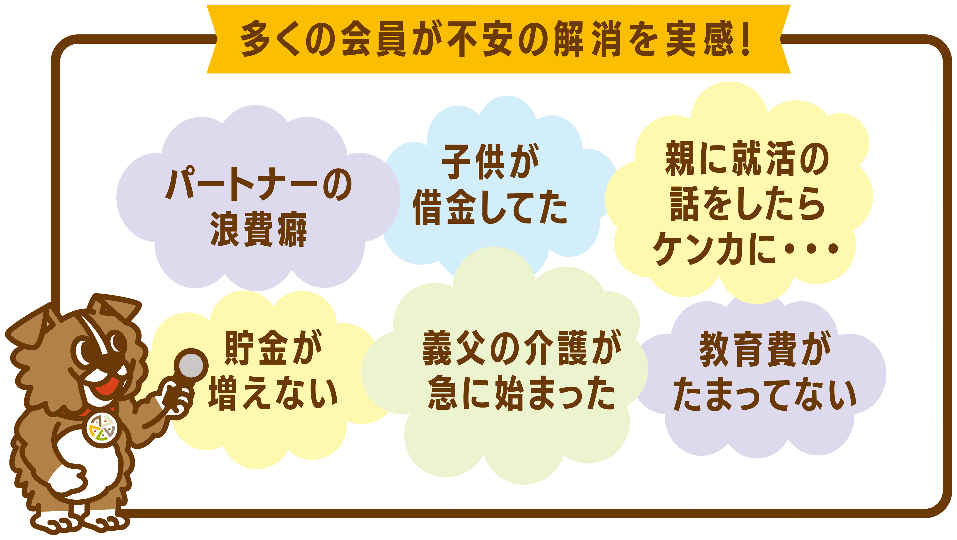 多くの会員が不安の解消を実感! パートナーの浪費癖・子供が借金してた・貯金が増えない・義父の介護が急に始まった・教育費がたまってない