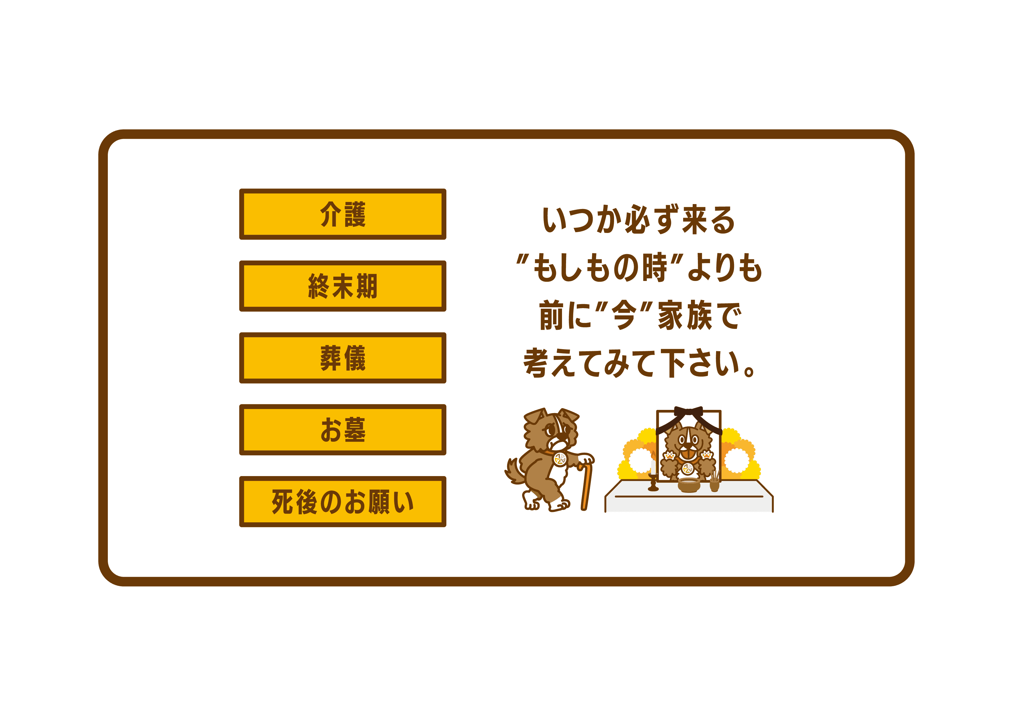 介護・終末期・葬儀・お墓・死後のお願い — いつか必ず来る"もしもの時"よりも前に"今"家族で考えてみて下さい。